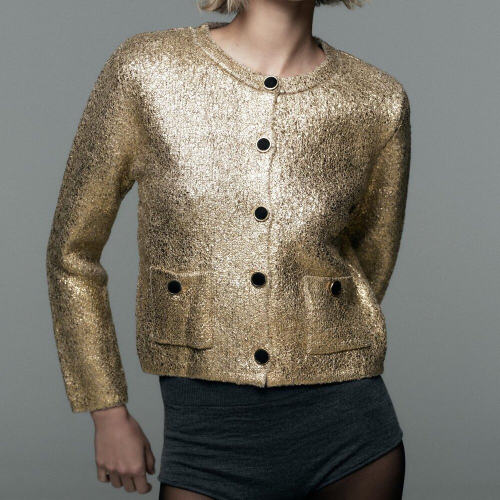 Zara Gold Foil/Lame Button-Up Cardigan